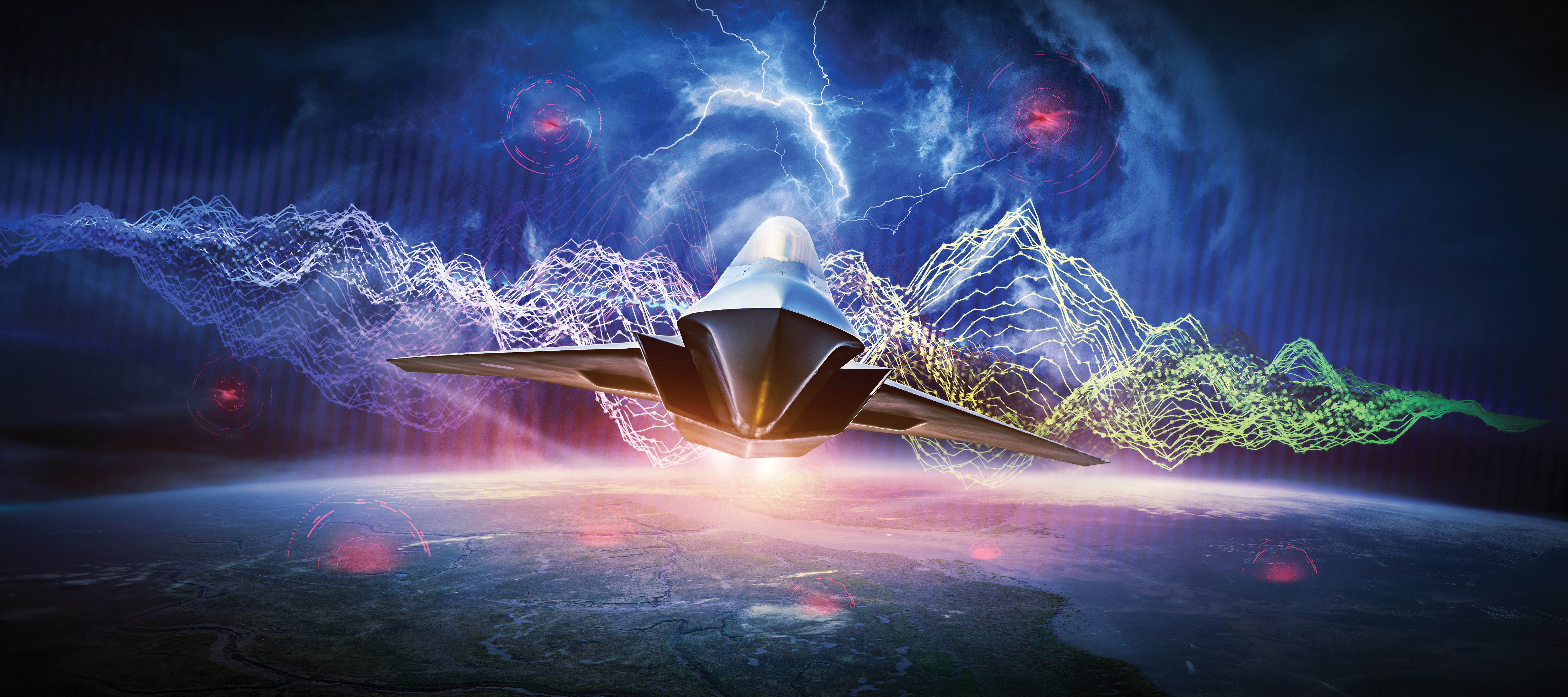 Futuristic image of aircraft flying at night, with lightning waves around it.